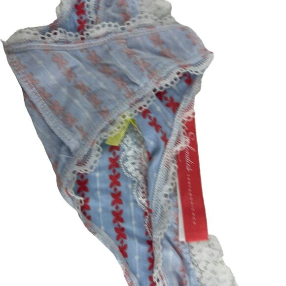 Splendies Blue Pink Pattern White Lace Waist Thong Panty Womens Size Small - Picture 3 of 7